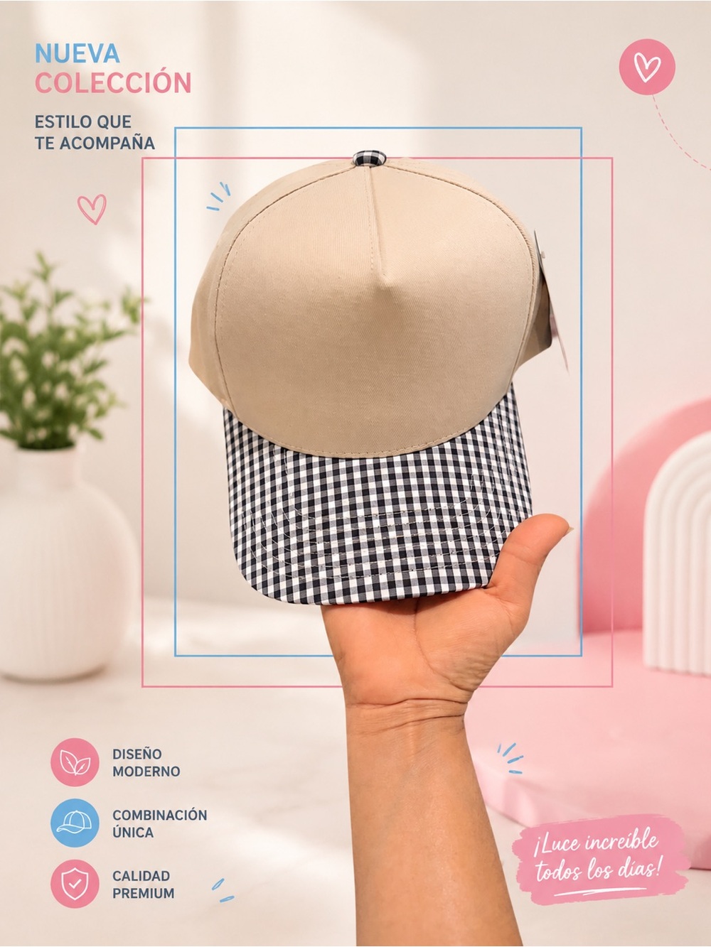 Beige Baseball Cap with Black & White Gingham Brim